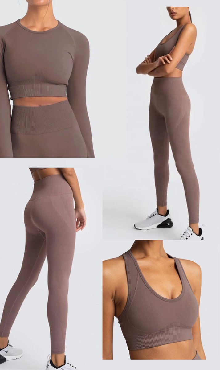 Gymset SOFT - 3delig - Bruin - Maat M - Fitness kleding - Sportoutfit - Sportkledingset - Sportlegging - Sporttop - Fitness set - Fitness legging en top - Gym legging en top - Yogaset - Yogalegging en top