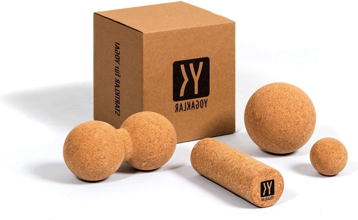 Intensieve zelfmassage set van natuurkurk met twee ballen - kleine rol en peanut - duurzaam en milieuvriendelijk - startklaar voor yoga stretching foam roller