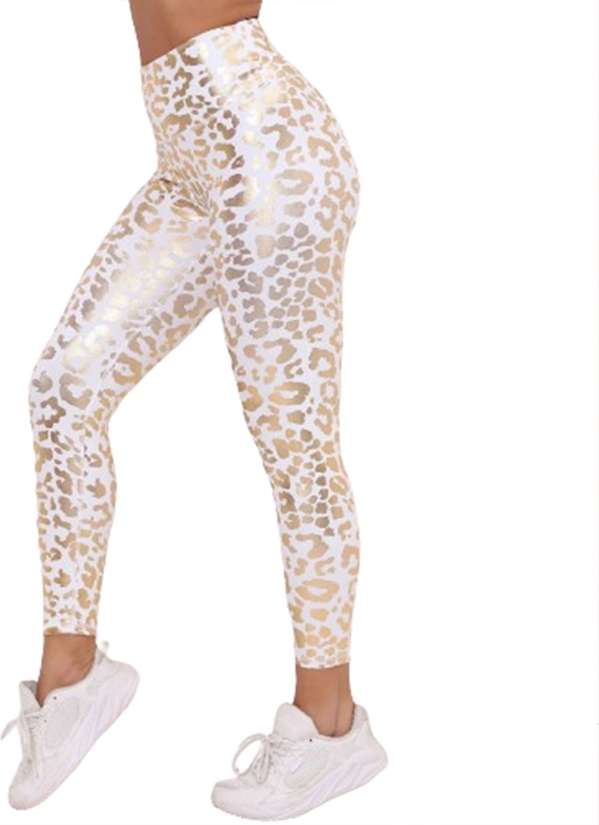 Sexy erotische legging - Luipaard print - Uitdagend - Hoge taille - Panty - Fitness - Broek - Wit en Goud