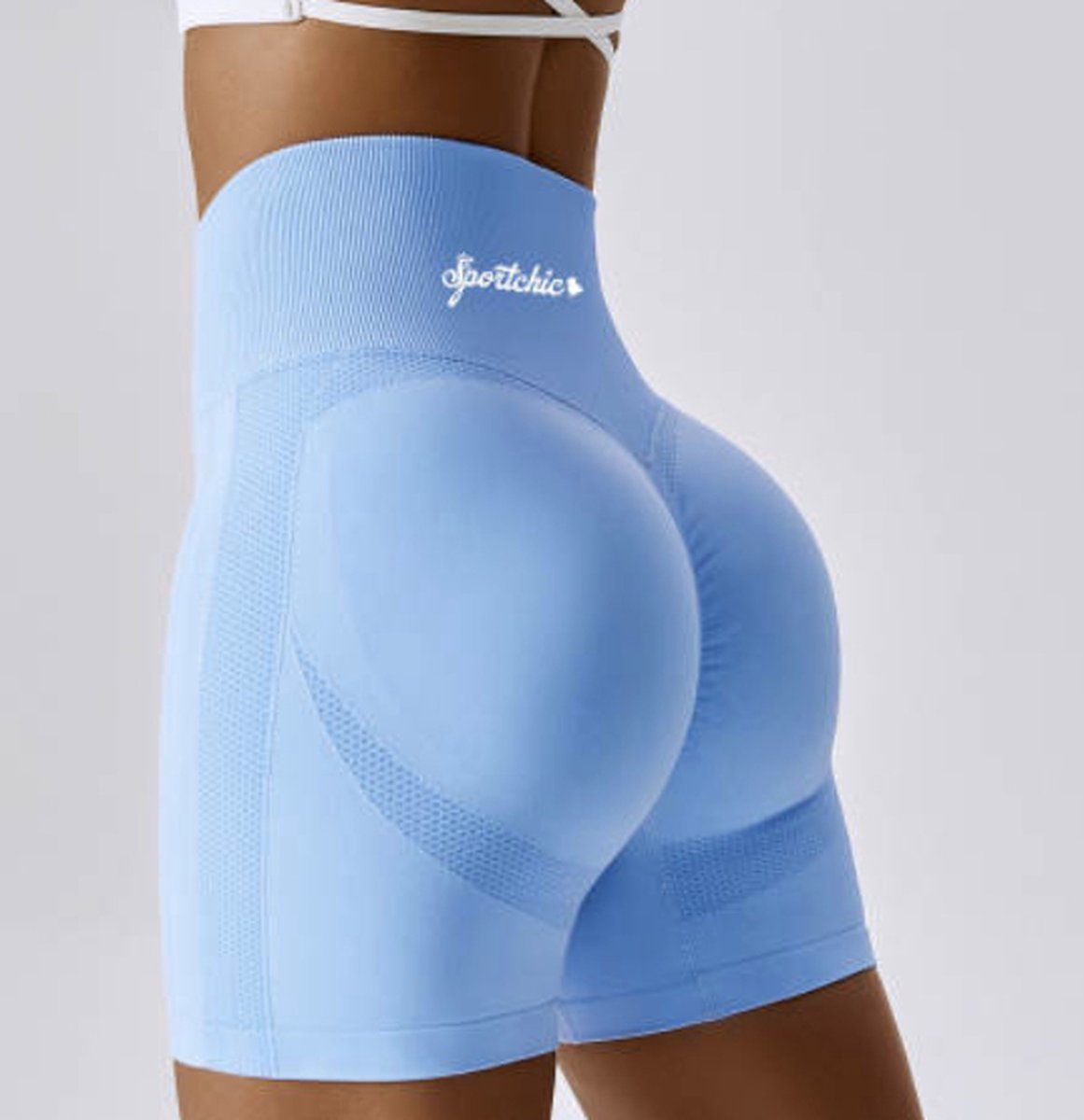 Sportchic - Short - Korte sportbroek - Korte sportlegging - Sportlegging dames - High waist - Squatproof - Hardloopbroek -Shape legging - Booty scrunch - Bikershort - Licht blauw - S