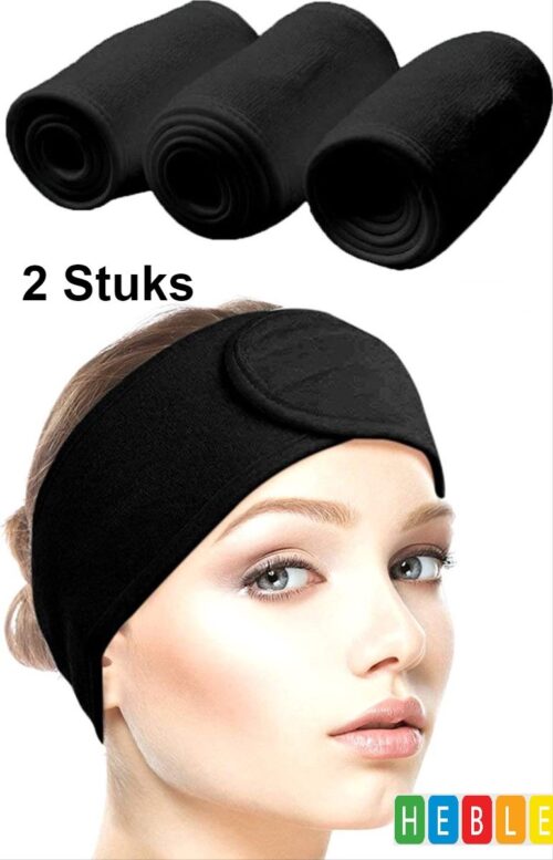 Verstelbaar Badstof Haarband - 2 STUKS zwart / Beauty Gezichtsverzorging - Make-up Haarband - Hoofdband - Klittenband Sluiting - van Heble®