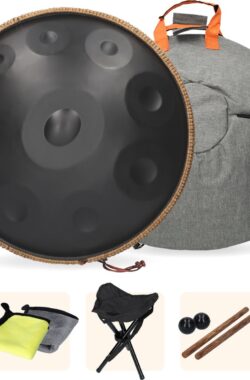 Grote Handpan – XXL handpan met standaard, 2 drumstokken, draagtas en schoonmaakdoekje! – Muziek instrument – Handpan met 10 noten – 22 inch / 56 cm – Zwart