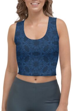 CropTop – design Grace in Lace – Dry Fit – High Performance – unieke print – 4way stretch – UPF 50+ – Hardloop – Yoga – Fitness – Dans – Pilates – Training – Sport Top – dames – donkerblauw klassiekblauw – maat XS