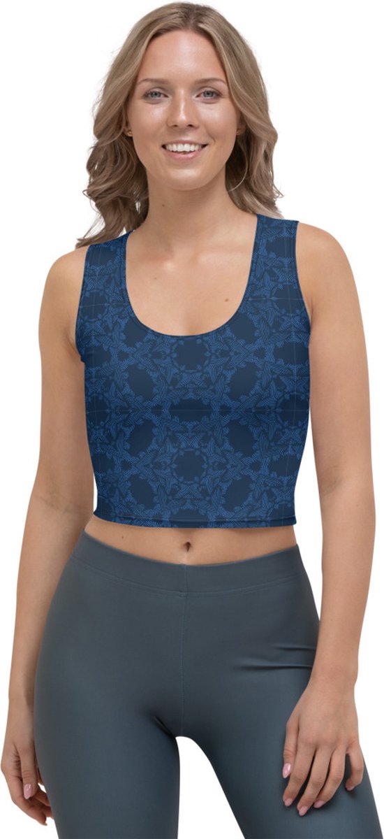 CropTop - design Grace in Lace - Dry Fit - High Performance - unieke print - 4way stretch - UPF 50+ - Hardloop - Yoga - Fitness - Dans - Pilates - Training - Sport Top - dames - donkerblauw klassiekblauw - maat XS
