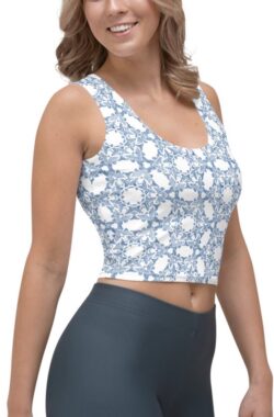 CropTop – design – design Grace in Lace – Dry Fit – High Performance – unieke print – 4way stretch – UPF 50+ – Hardloop – Yoga – Fitness – Dans – Pilates – Training – Sport Top – dames – wit klassiekblauw – maat M