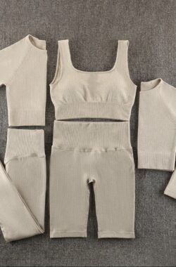 Gymset – LIGHT RIBBED – Creme – Maat L – 5delig – Fitness set – Sportkledingset – Sportset – Sporttop – Yogaset