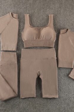 Gymset – LIGHT RIBBED – Maat L – Bruin – 5delig – Fitness set – Sportkledingset – Sportset – Sporttop – Yogaset