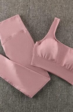 Gymset – LIGHT RIBBED – Maat L – Oudroze – Roze – 2delig lang – Fitness set – Sportkledingset – Sportset – Sportlegging – Sporttop – Yogaset