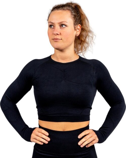 JT Supply - Shape - Naadloze Sporttop lange mouwen - Seamless Sporttop - Longsleeve Crop Top - Sportshirt - Sport BH - Fitness Beha - Fitness BH - Fitness Top - Yoga Crop Top - Yoga Long Sleeve Top - Zwart