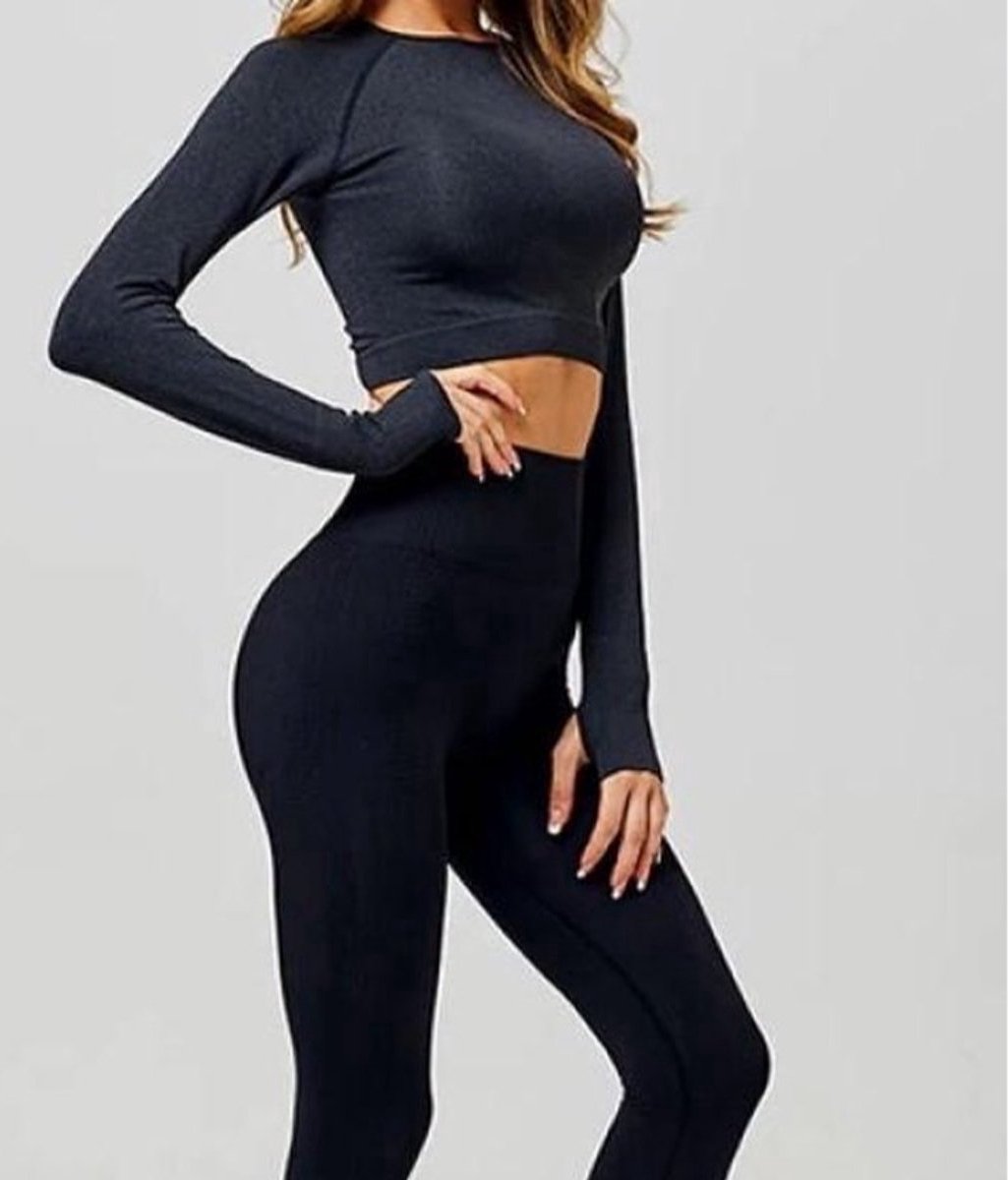 Jumada's - Sport outfit - Crop top met lange mouwen - High waist legging - Naadloos - Squatproof - Zwart - L
