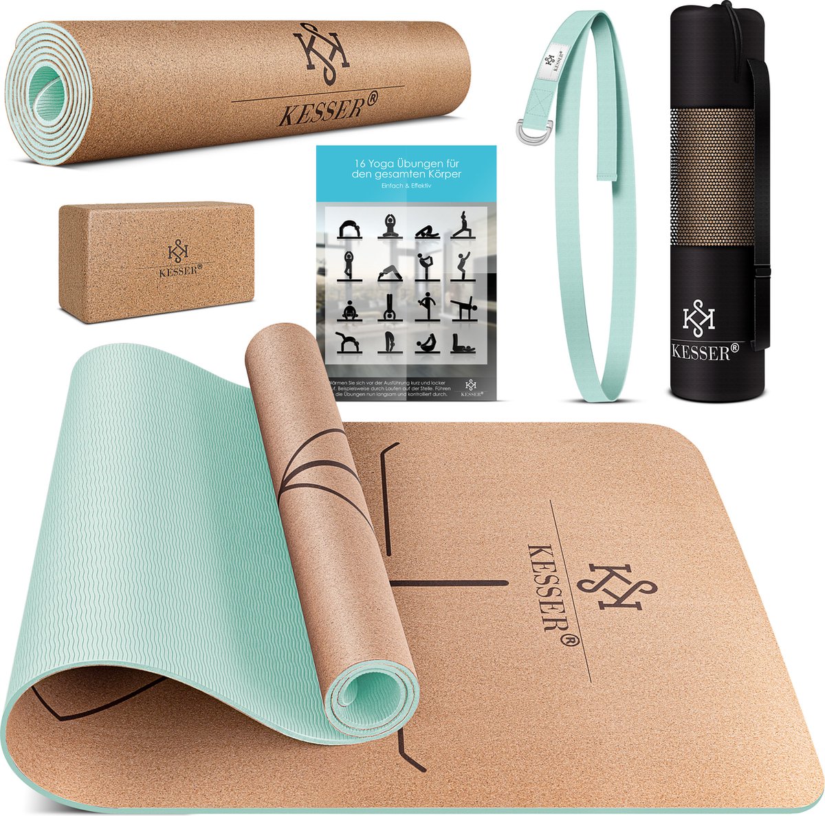 KESSER® Yogamat Kork 183x62cm Turnmat Gymnastiekmat Fitnessmat Inclusief Draagriem Tas & Yoga Blok - Mintgroen