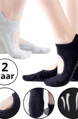 Malinsi® 2-Pack Yoga Sokken Antislip Dames – Pilates Yogasokken – Ballerina Pilatessokken – Ballerinas Open – Zwart & Grijs – Ballet – Moederdag Cadeautje