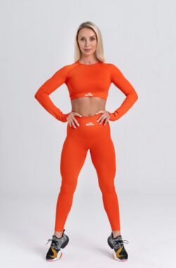 Mives® Sportlegging en Top – Yoga – Fitness set – Scrunch Butt – Dames Legging – Sportkleding – Fashion legging – Broeken – Gym Sports – Legging Fitness Wear – High Waist – ORANJE- maat S – LANGE MOUW