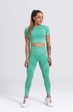 Mives® Sportlegging en Top – Yoga – Fitness set – Scrunch Butt – Dames Legging – Sportkleding – Fashion – Sport Broeken – Gym Sports – Fitness Wear – High Waist – GROEN – maat M – KORTE MOUWEN