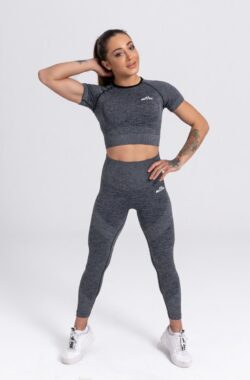 Mives® Sportlegging en Top – Yoga – Fitness set – Scrunch Butt – Dames Legging – Sportkleding – Fashion legging – Broeken – Gym Sports – Legging Fitness Wear – High Waist – GRIJS – maat L – KORTEMOUWEN