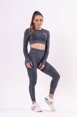 Mives® Sportlegging en Top – Yoga – Fitness set – Scrunch Butt – Dames Legging – Sportkleding – Fashion legging – Broeken – Gym Sports – Legging Fitness Wear – High Waist – GRIJS – maat L – LANGEMOUW