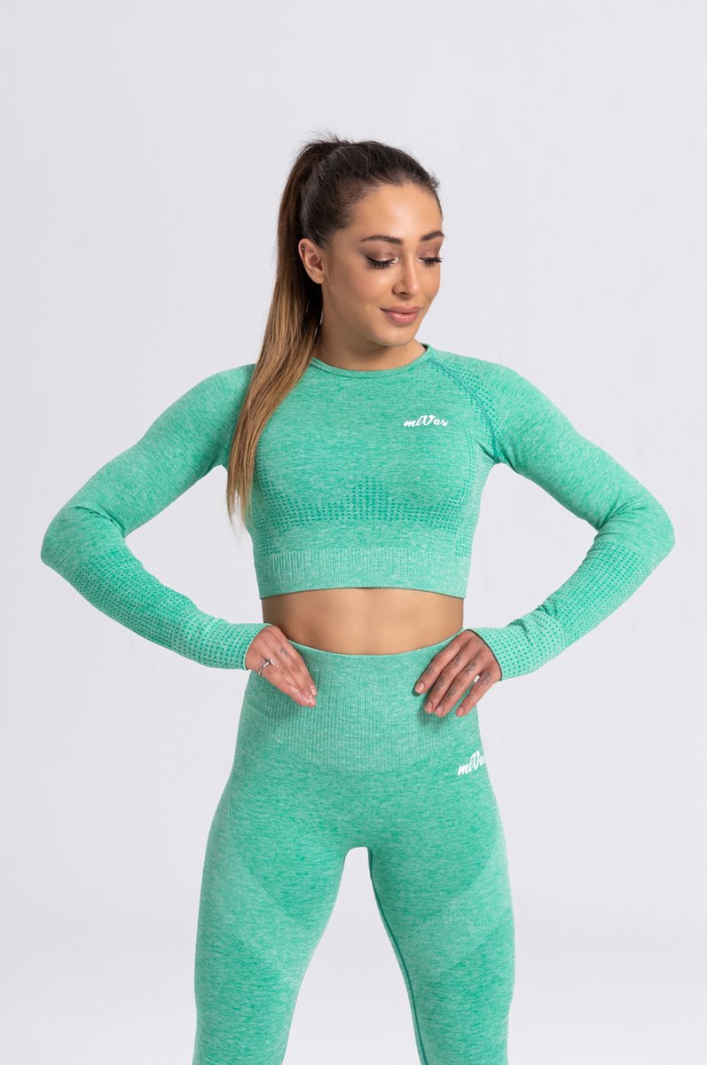 Mives® Sportlegging en Top - Yoga - Fitness set - Scrunch Butt - Dames Legging - Sportkleding - Fashion legging - Broeken - Gym Sports - Legging Fitness Wear - High Waist - GROEN - maat M - LANGE MOUW