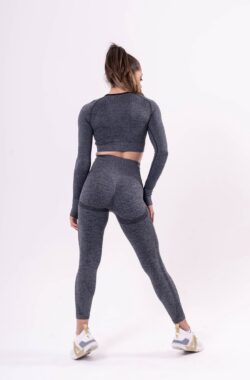 Mives® Sportlegging en Top – yoga-outfit – Fitness set – Scrunch Butt – Dames Legging – Sportkleding – Fashion – Sport Broeken – Gym Sports – Fitness Wear – High Waist – GRIJS – maat S – LANGE MOUW