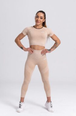 Mives® Sportlegging en Top – yoga-outfit – Fitness set – Scrunch Butt – Dames Legging – Sportkleding – Fashion legging – Sport Broeken – Gym Sports – Fitness Wear – High Waist – BEIGE – maat S – KORTE MOUWEN