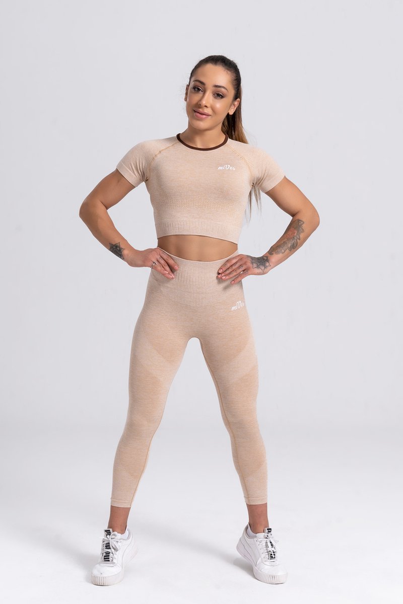 Mives® Sportlegging en Top - yoga-outfit - Fitness set - Scrunch Butt - Dames Legging - Sportkleding - Fashion legging - Broeken - Gym Sports - Legging Fitness Wear - High Waist - BEIGE - maat L - KORTE MOUWEN