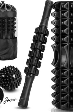 Mrs. Jones zwarte schuimroller & massagestokset met diepe weefselschuimroller – set met 2 massageballen en massagerolstok voor fitness yoga ontspanning pilates. .