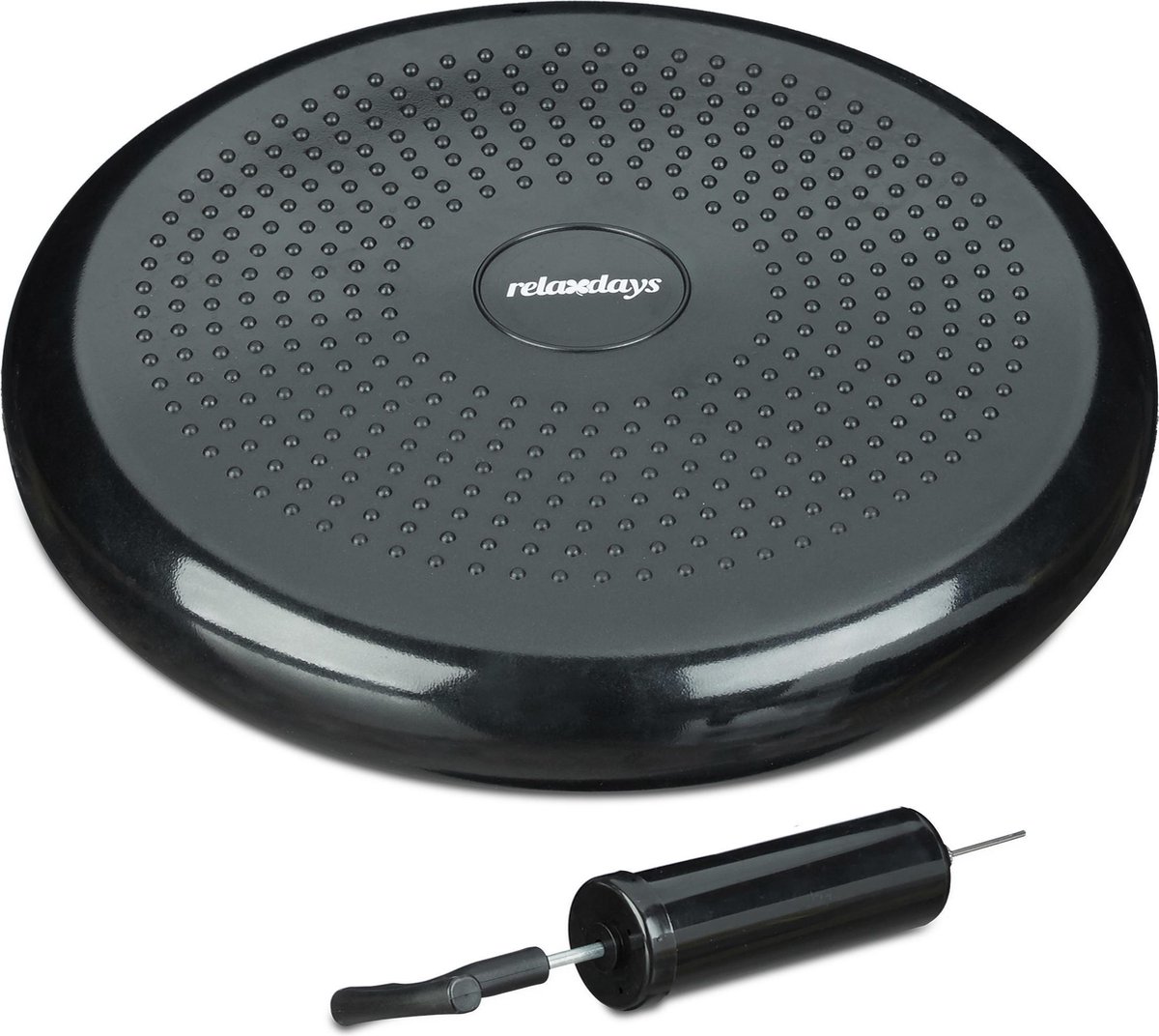 Relaxdays wiebelkussen - ⌀ 33 cm - met luchtpomp - max. 140 kg - balanskussen met noppen - zwart