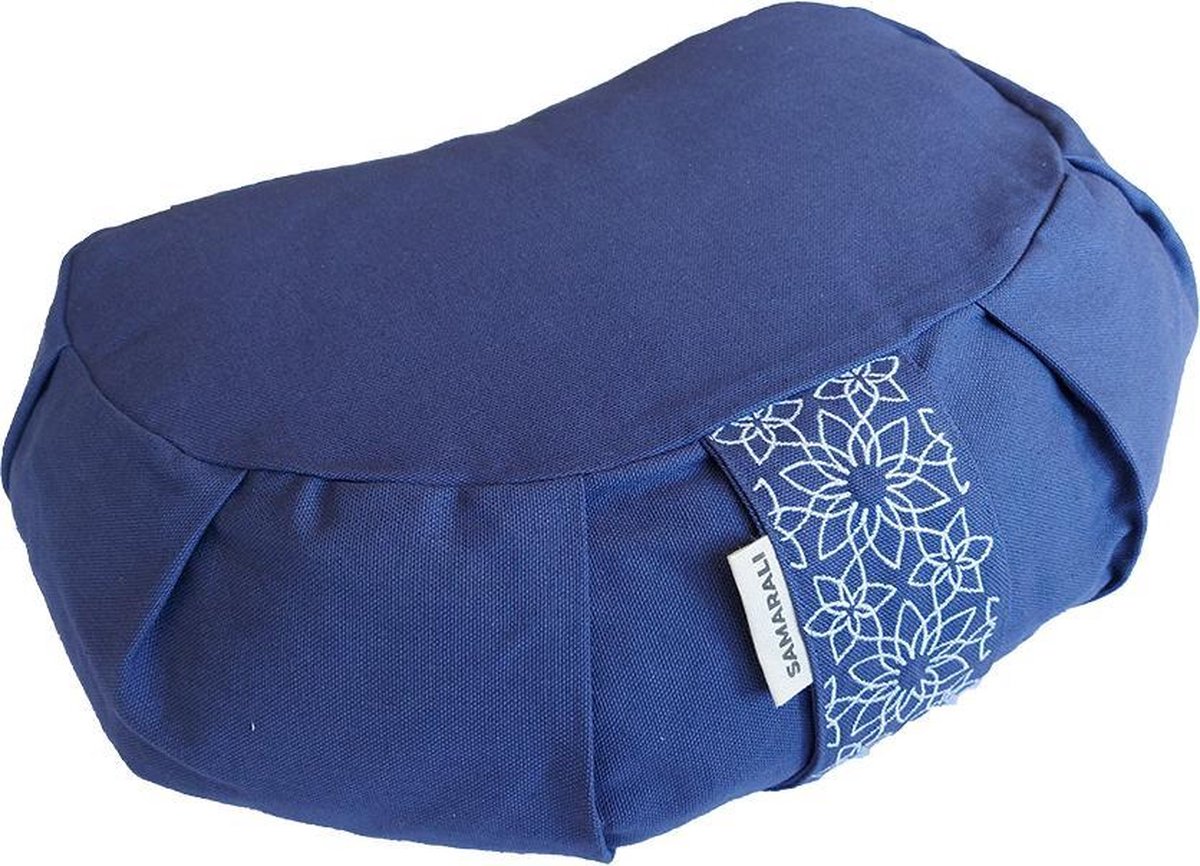 Samarali Denim Blauw Halve Maan Zitkussen - Optimaal Comfort, GOTS Eco Katoen, Boekweitvulling, 34x20x17 cm