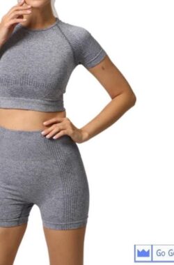 Sport outfit | high waist korte broek | crop top met korte mouw | naadloos | squatproof | grijs | S