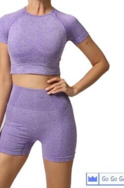 Sport outfit | high waist korte broek | crop top met korte mouw | naadloos | squatproof | paars | S