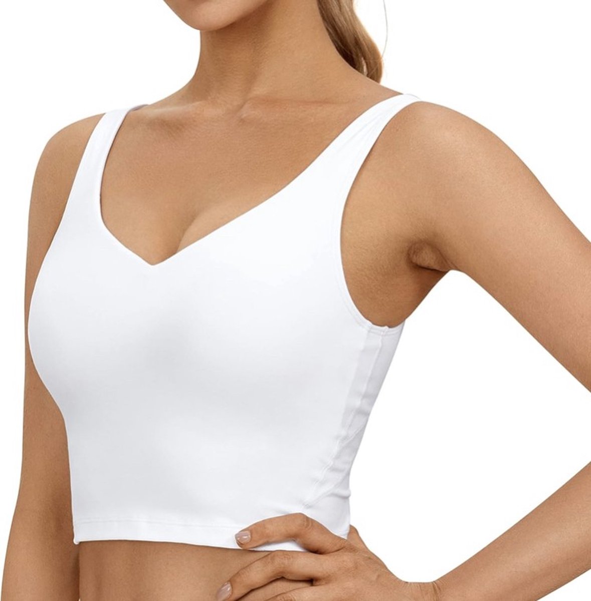 Sporttop - Sport tanktop - Yoga top - Fitness top - Sport crop top - Sport bh - Ingebouwde bh - Verwijderbare vulling - Uitneembare cups - Push up - Stretch - Ademend - Getailleerd - Wit - A/B cup - Maat XS/S