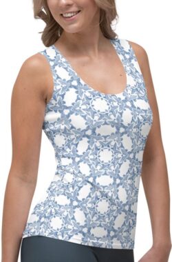 TankTop – design Grace in Lace – Dry Fit – High Performance -unieke print – 4way stretch – UPF 50+ – Hardloop – Yoga – Fitness – Dans – Pilates – Training – Sport Top – dames – wit klassiekblauw – maat M