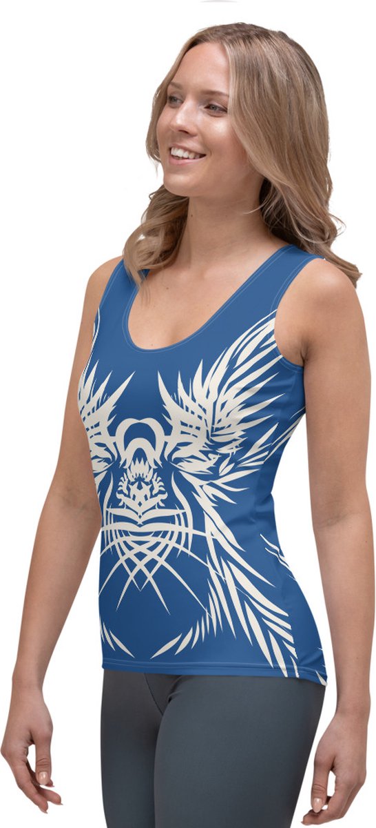 TankTop - design Tiger Power Up 2 - Dry Fit - High Performance -unieke print - 4way stretch - UPF 50+ - Hardloop - Yoga - Fitness - Dans - Pilates - Training - Sport Top - dames - klassiekblauw wit - maat S
