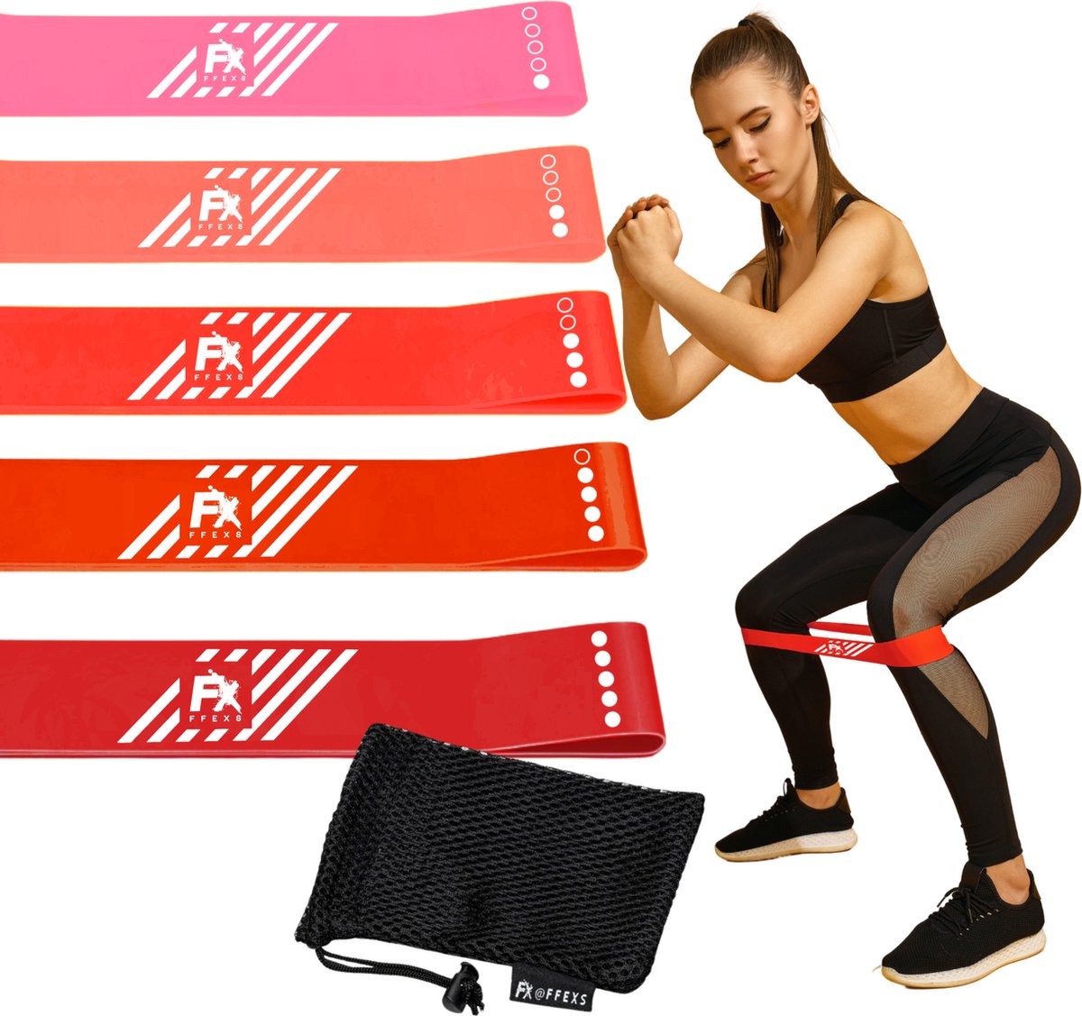 FX FFEXS Fitness Weerstandsbanden Set van 5 - Extra sterk tot 18kg - Resistance Band - Fitness Elastiek - Booty Band - Sport Elastiek Banden - Fitness Band - Mini Bands - Verschillende Weerstandsniveaus - Inclusief Draagzakje - Roze