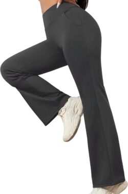 Flared Broek – Legging – Yoga Broek – Casual – Met Zakken – Dames – Sportief – Stijlvol – Rekbaar – Hoge Taille – Sport – Fitness – Flared Pocket Pants Wijd – PETIT – Donkergrijs – Grijs – Maat S