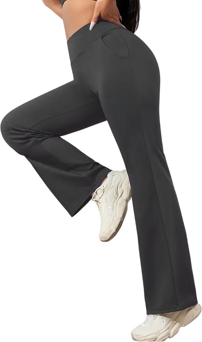 Flared Broek - Legging - Yoga Broek - Casual - Met Zakken - Dames - Sportief - Stijlvol - Rekbaar - Hoge Taille - Sport - Fitness - Flared Pocket Pants Wijd - Donkergrijs - Grijs - Maat XL
