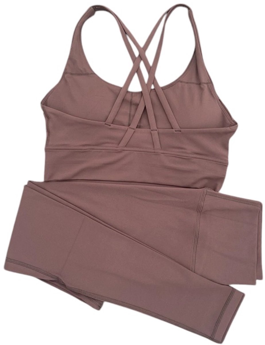 2-Delige Yoga & Fitness Set - Sportlegging - Sport BH - Stevig - Schokbestendige Sport-BH - Hoge Taille Legging - Cross Back Design - Meerdere Kleuren - Bruin - Maat S