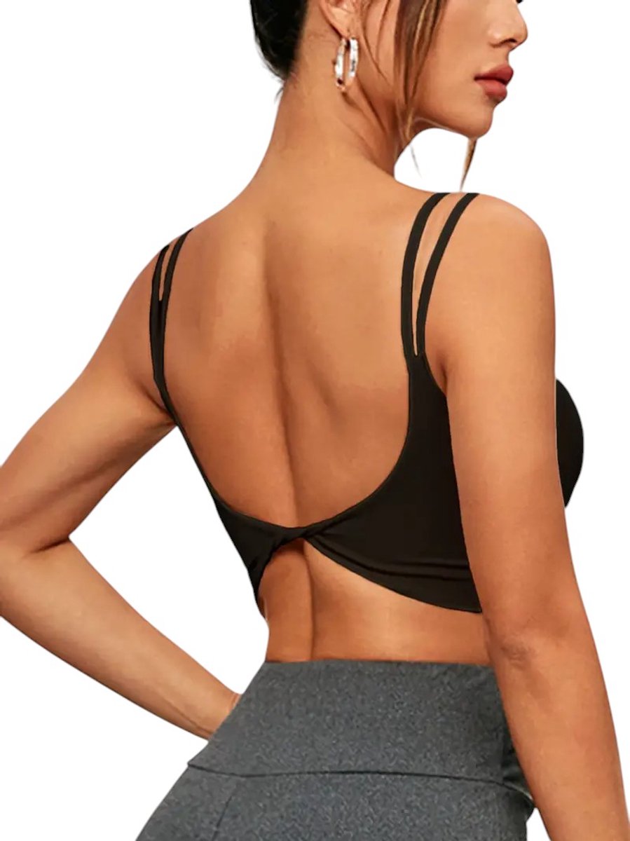 Dames Crop Top - Sport Bra - Twist Back - Verwijderbare Vulling - Slim Fit - Tanktop - Stijlvol - Sexy - Meerdere Kleuren - Mouwloos - Backless - Met Verwijderbare Vulling - Gedraaide Knoop - Sportief - Casual - Zwart - Maat L