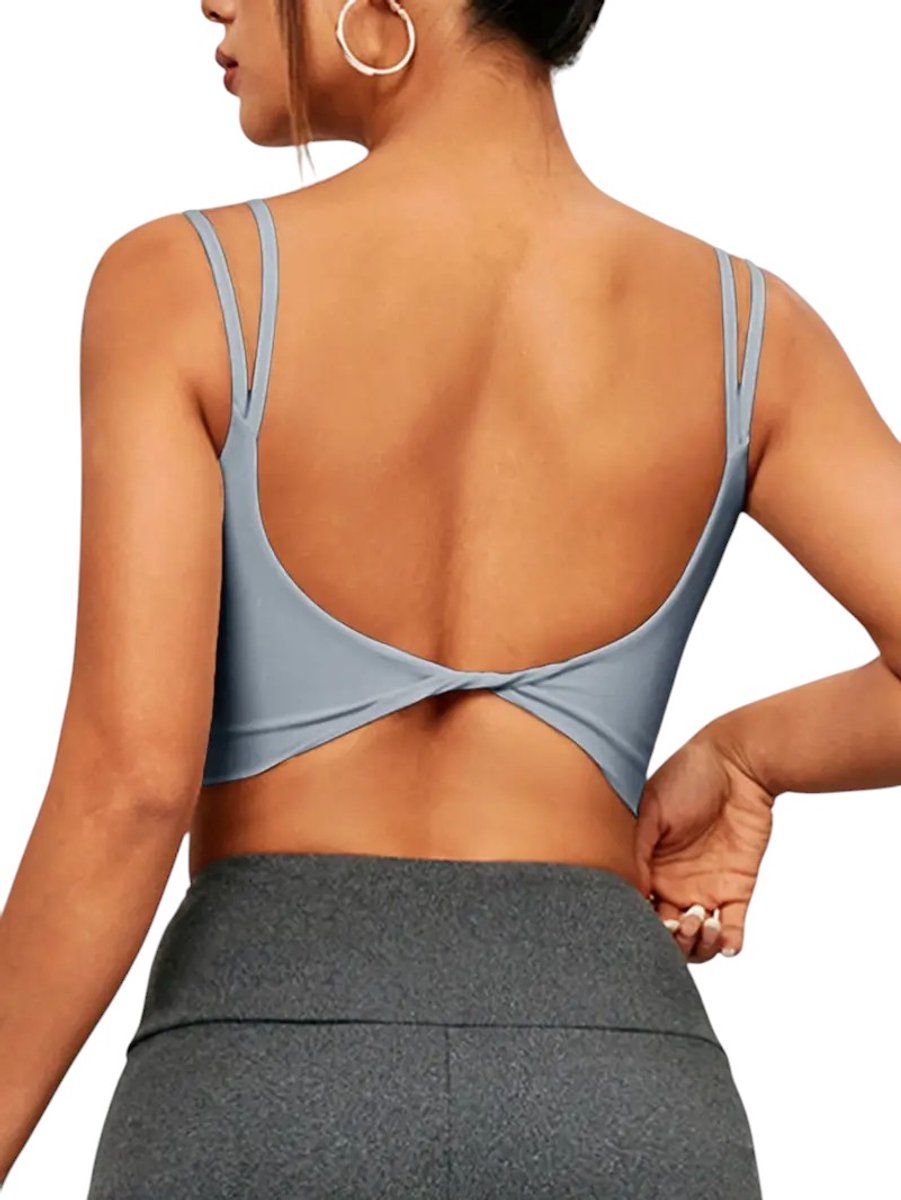 Dames Crop Top - Sport Bra - Twist Back - Verwijderbare Vulling - Slim Fit - Tanktop - Stijlvol - Sexy - Meerdere Kleuren - Mouwloos - Backless - Met Verwijderbare Vulling - Gedraaide Knoop - Sportief - Casual - Blauw - Maat XL