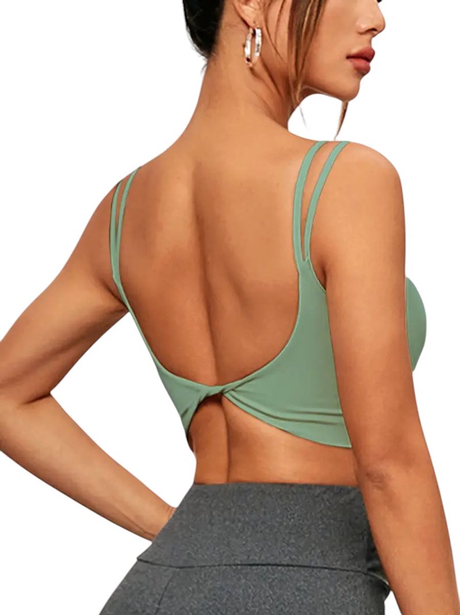 Dames Crop Top - Sport Bra - Twist Back - Verwijderbare Vulling - Slim Fit - Tanktop - Stijlvol - Sexy - Meerdere Kleuren - Mouwloos - Backless - Met Verwijderbare Vulling - Gedraaide Knoop - Sportief - Casual - Mintgroen - Groen - Maat XL