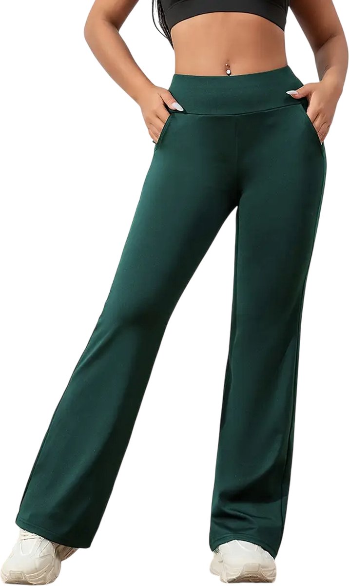 Flared Broek - Legging - Yoga Broek - Casual - Met Zakken - Dames - Sportief - Stijlvol - Rekbaar - Hoge Taille - Sport - Fitness - Flared Pocket Pants Wijd - PETIT - Donkergroen - Maat XL