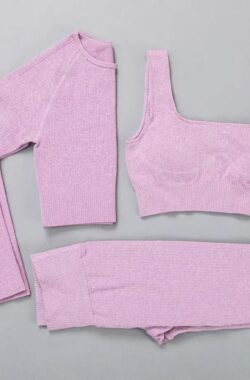 Gymset – LIGHT RIBBED – Maat L – Lichtroze – 3delig – Sportkledingset – Sportset – Gymlegging en top – Fitness set – Fitness legging & top – Yoga set – Yogalegging en top
