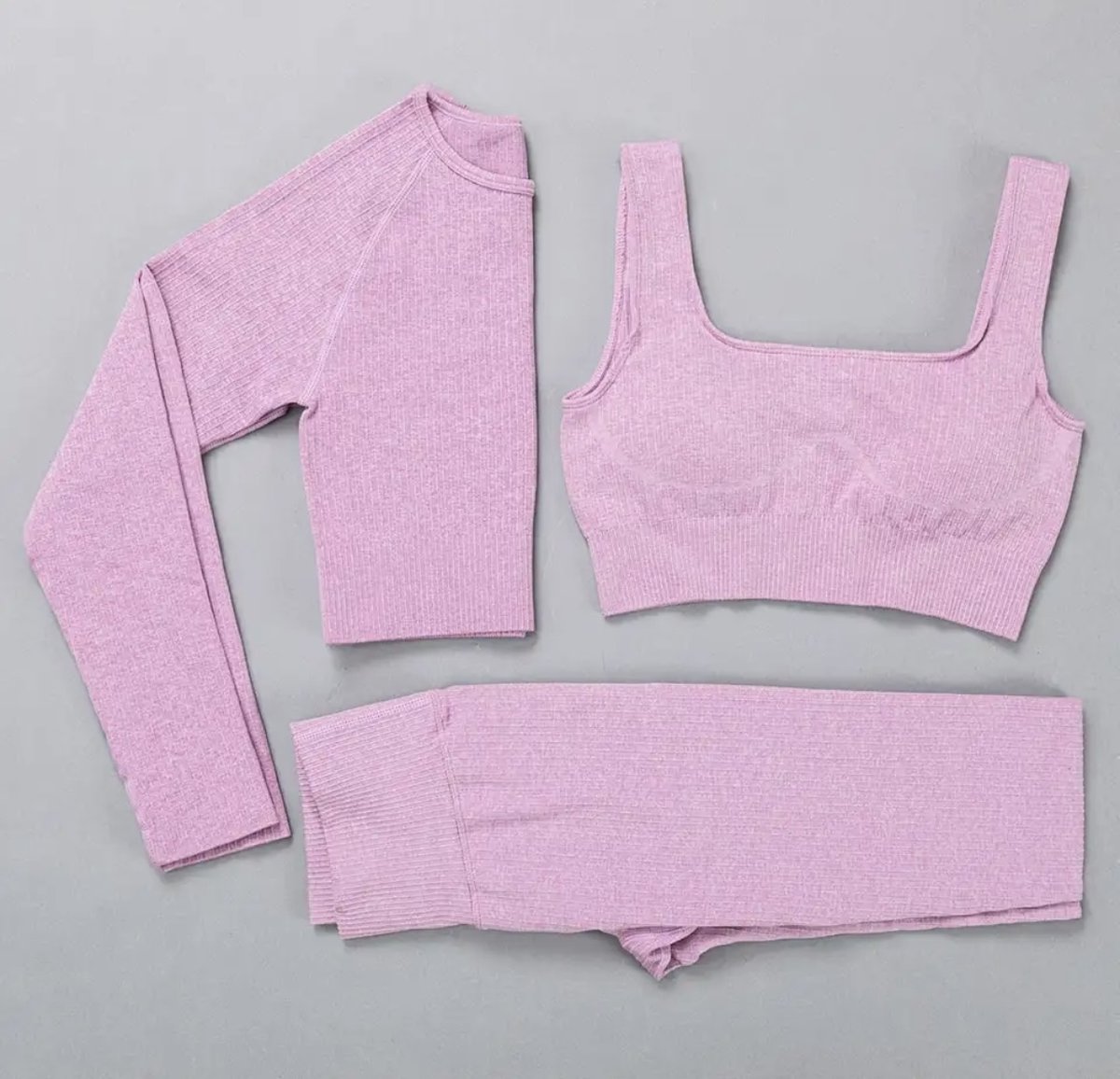 Gymset - LIGHT RIBBED - Maat M - Lichtroze - 3delig - Sportkledingset - Sportset - Gymlegging en top - Fitness set - Fitness legging & top - Yoga set - Yogalegging en top