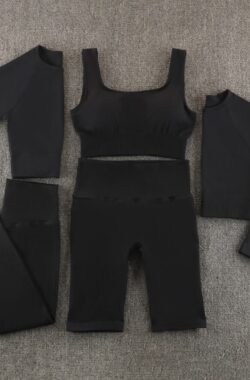 Gymset – LIGHT RIBBED – Zwart – Maat L – 5delig – Fitness set – Sportkledingset – Sportset – Sportlegging – Sporttop – Yogaset