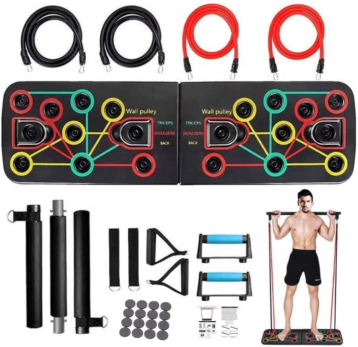 JT Products Push Up Bord - Inclusief Pilates Bar en Weerstandsbanden - Krachttraining - Opdruk Bord Fitness - Push Up Grips - Push up Bars - Home Gym - Thuis Fitness - Halterstang - Barbell - Pilates Stick - Resistance Band - Opdruksteunen - Crossfit