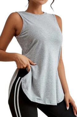 Lange Mouwloze Sporttop met Zijsplit – Dames Tanktop – Sportief – Casual – Zijsplit – Comfortabel – Bewegingsvrijheid – Lange Top – Grijs – Maat S