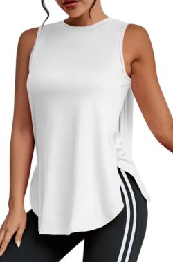 Lange Mouwloze Sporttop met Zijsplit – Dames Tanktop – Sportief – Casual – Zijsplit – Comfortabel – Bewegingsvrijheid – Lange Top – Wit – Maat M