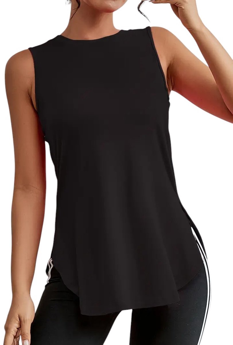Lange Mouwloze Sporttop met Zijsplit - Dames Tanktop - Sportief - Casual - Zijsplit - Comfortabel - Bewegingsvrijheid - Lange Top - Zwart - Maat L