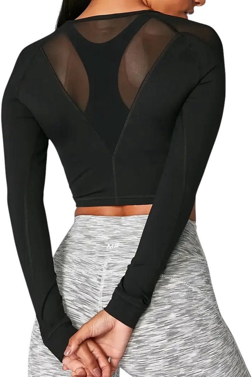 Long Sleeve Sporttop met Mesh Contrast - Effen Kleur - Mesh Constrast - Casual Yoga T-shirt met Lange Mouwen - Long Sleeve - Crop Top - Stijlvol - Zwart - Maat XL