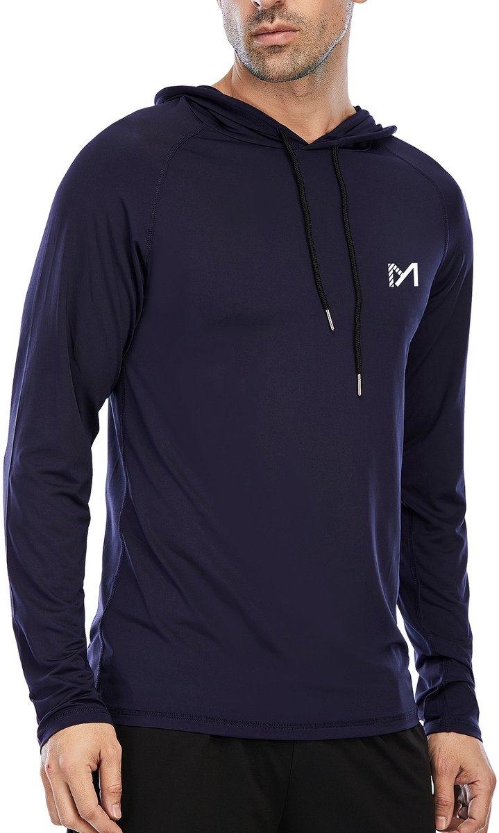 MEETYOO Heren Atletische Hooded Shirts Lange Mouw Workout Sport Hoodie Casual Hardloop T-shirt Snel Droog Pullover Top Sweatshirt-Blauw-S