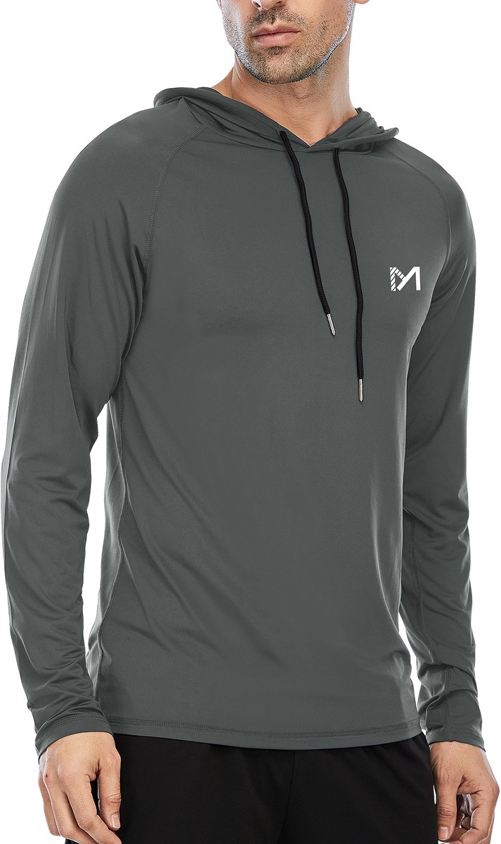 MEETYOO Heren Atletische Hooded Shirts Lange Mouw Workout Sport Hoodie Casual Hardloop T-shirt Snel Droog Pullover Top Sweatshirt-Grijs-L